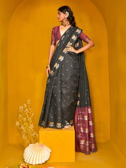 Vardha - Women Black Synthetic Woven Saree with Unstitched Blouse