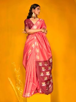 Vardha - Women Pink Synthetic Woven Saree with Unstitched Blouse