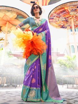 Vardha - Women Blue Synthetic Woven Saree with Unstitched Blouse