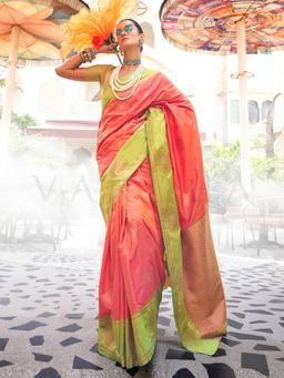 Vardha - Women Coral Synthetic Woven Saree with Unstitched Blouse