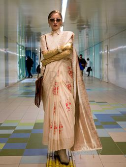 Vardha - Women Cream Synthetic Woven Saree with Unstitched Blouse