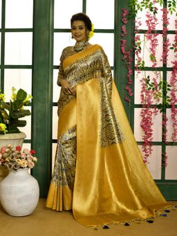Odette - Women Yellow Silk Blend Woven Saree with Unstitched Blouse
