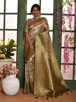 Odette - Women Green Silk Blend Woven Saree with Unstitched Blouse