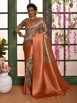 Odette - Women Orange Silk Blend Woven Saree with Unstitched Blouse