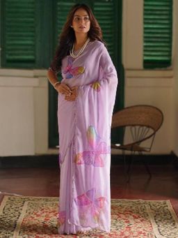Odette - Women Pink Organza Printed Saree with Unstitched Blouse
