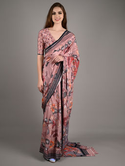 Odette - Women Pink Crepe Floral Saree with Unstitched Blouse