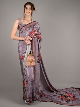 Odette - Women Grey Crepe Printed Saree with Unstitched Blouse