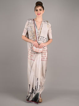 Odette - Women Beige Crepe Printed Saree with Unstitched Blouse