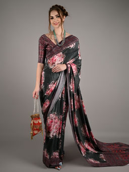 Odette - Women Green Crepe Floral Saree with Unstitched Blouse