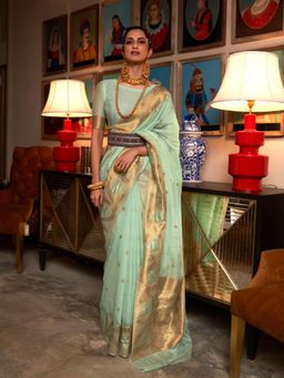 Odette - Women Green Silk Blend Woven Saree with Unstitched Blouse