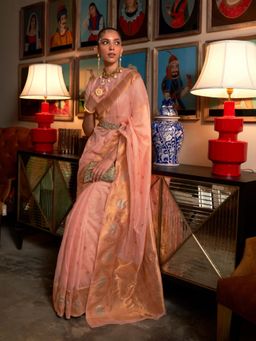 Odette - Women Peach Silk Blend Woven Saree with Unstitched Blouse