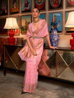 Odette - Women Pink Silk Blend Woven Saree with Unstitched Blouse
