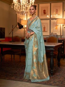 Odette - Women Green Silk Blend Woven Saree with Unstitched Blouse