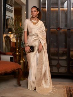 Odette - Women Off White Georgette Woven Saree with Unstitched Blouse