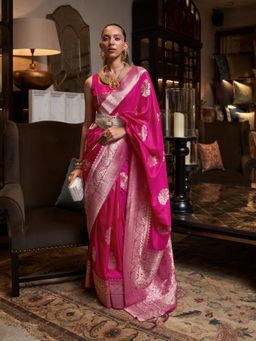 Odette - Women Pink Georgette Woven Saree with Unstitched Blouse