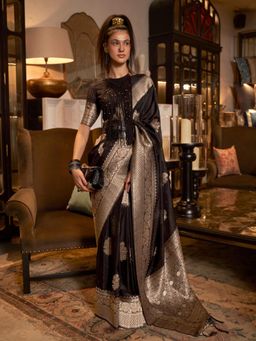 Odette - Women Black Georgette Woven Saree with Unstitched Blouse