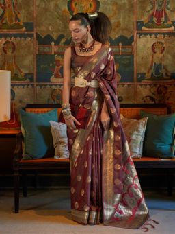 Odette - Women Brown Silk Blend Woven Saree with Unstitched Blouse