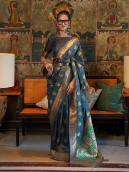 Odette - Women Blue Silk Blend Woven Saree with Unstitched Blouse