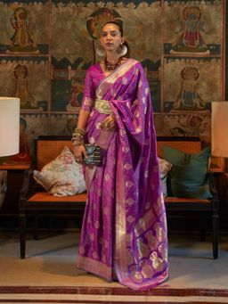 Odette - Women Purple Silk Blend Woven Saree with Unstitched Blouse