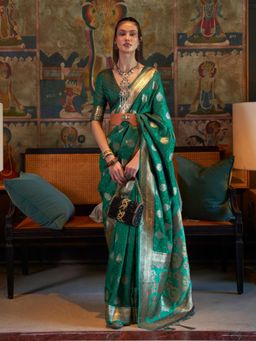 Odette - Women Green Silk Blend Woven Saree with Unstitched Blouse