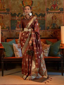 Odette - Women Brown Silk Blend Woven Saree with Unstitched Blouse