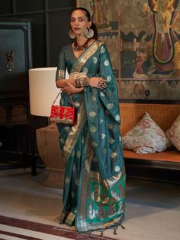 Odette - Women Green Silk Blend Woven Saree with Unstitched Blouse