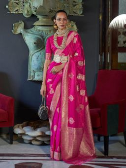 Odette - Women Pink Silk Blend Woven Saree with Unstitched Blouse