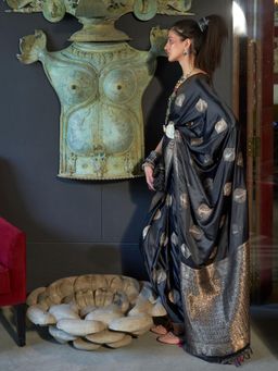 Odette - Women Black Silk Blend Woven Saree with Unstitched Blouse