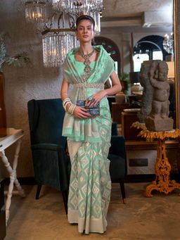 Odette - Women Teal Linen Woven Saree with Unstitched Blouse