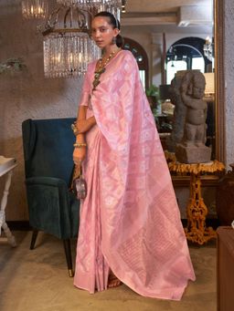 Odette - Women Pink Linen Woven Saree with Unstitched Blouse