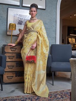 Odette - Women Yellow Linen Woven Saree with Unstitched Blouse