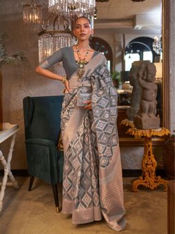 Odette - Women Grey Linen Woven Saree with Unstitched Blouse