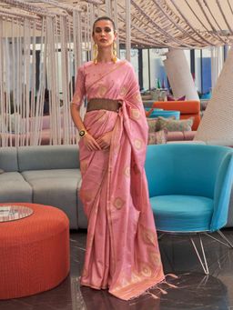 Odette - Women Pink Silk Blend Woven Saree with Unstitched Blouse