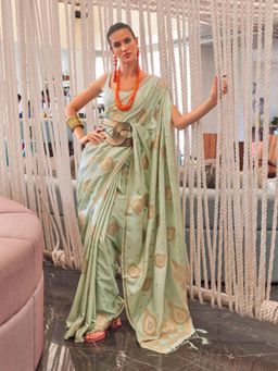 Odette - Women Green Silk Blend Woven Saree with Unstitched Blouse