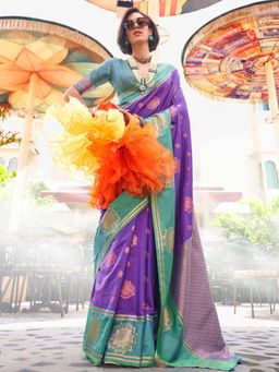 Odette - Women Purple Silk Blend Woven Saree with Unstitched Blouse