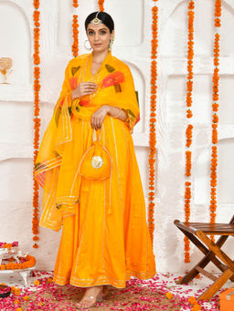 Bannhi - Gauri Yellow Floor Length Anarkali with Potli Bag (Set of 3)