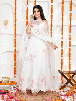 Bannhi - Samvit White Hand Painted Floor Length Anarkali (Set of 2)