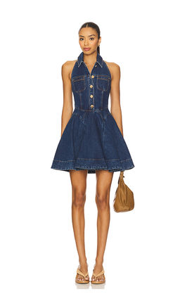 self-portrait - Denim Sleeveless Flared Mini Dress