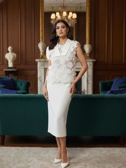 DOORS DESIGNS - White Banana Jacket with Skirt and Top