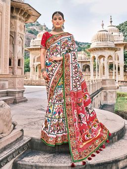 Odette - Womens White Patola Pure Silk Saree with Unstitched Blouse