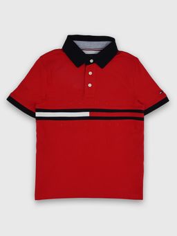 Tommy Hilfiger - Boys Red Logo Stripes Cotton Polo T-Shirt