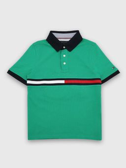 Tommy Hilfiger - Boys Green Logo Stripes Cotton Polo T-Shirt