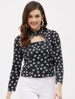 Kibo - Womens Crepe Printed High Neck Tie Knot Top