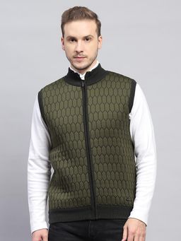 Monte Carlo - Men Geometric Olive High Neck Sleeveless Jacket
