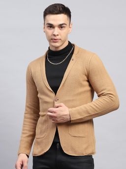 Monte Carlo - Men Textured Beige Notch Lapel Full Sleeve Coat