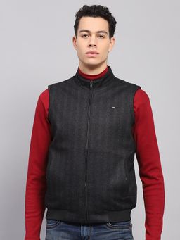 Monte Carlo - Men Solid Black High Neck Sleeveless Jacket