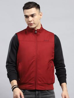 Monte Carlo - Men Maroon Solid High Neck Sleeveless Jacket