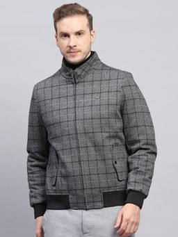 Monte Carlo - Men Grey Checked High Neck Full Sleeve Jacket