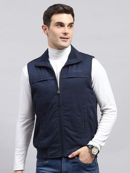 Monte Carlo - Men Solid Navy Blue Collared Neck Sleeveless Jacket