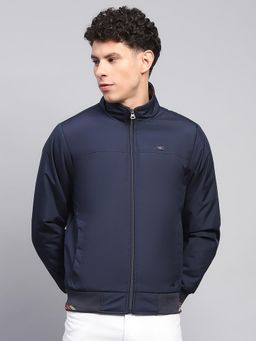 Monte Carlo - Men Solid Navy Blue High Neck Full Sleeve Jacket